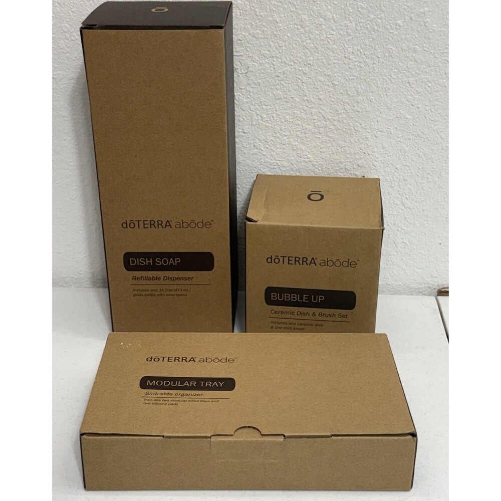 New doTERRA Abode 3-Piece Kitchen Set: Dish Soap Dispenser, Bubble Up, Wood Tray